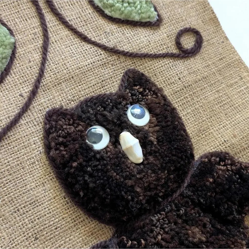 Groovy 1970s Vintage Burlap Wall Hanging with Owl & Flowers
